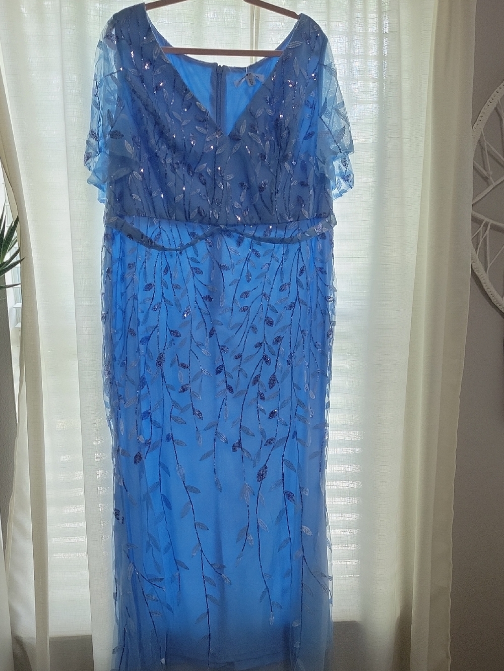 Ever Pretty Elegant Blue V-Neck Evening Dress with Sheer Embroidered Overlay